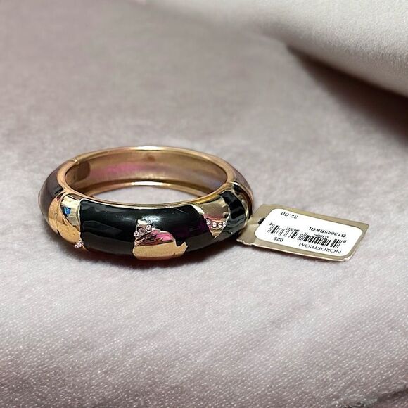 Sequin Black And Gold Rhinestone Shell Clamper Bangle Bracelet NWT - Picture 2 of 4